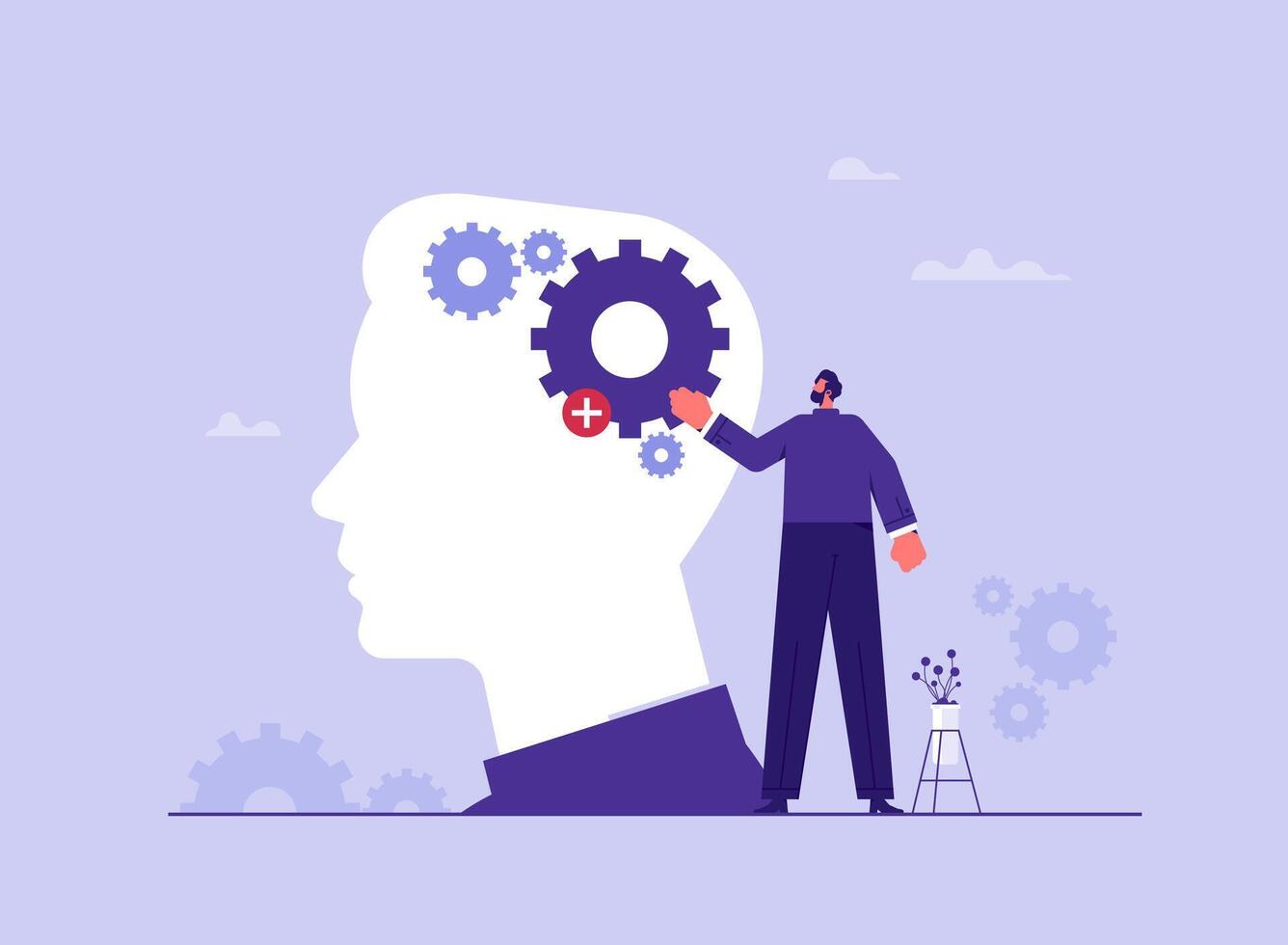Businessman add new skill or gear into human head to upgrade working skill, learn new things or knowledge development for new skill concept vector