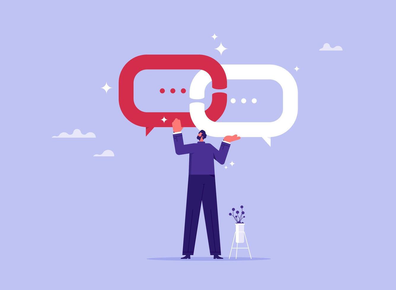 Businessman link between conversation dialog, link idea for solution concept, communication to solve problem vector