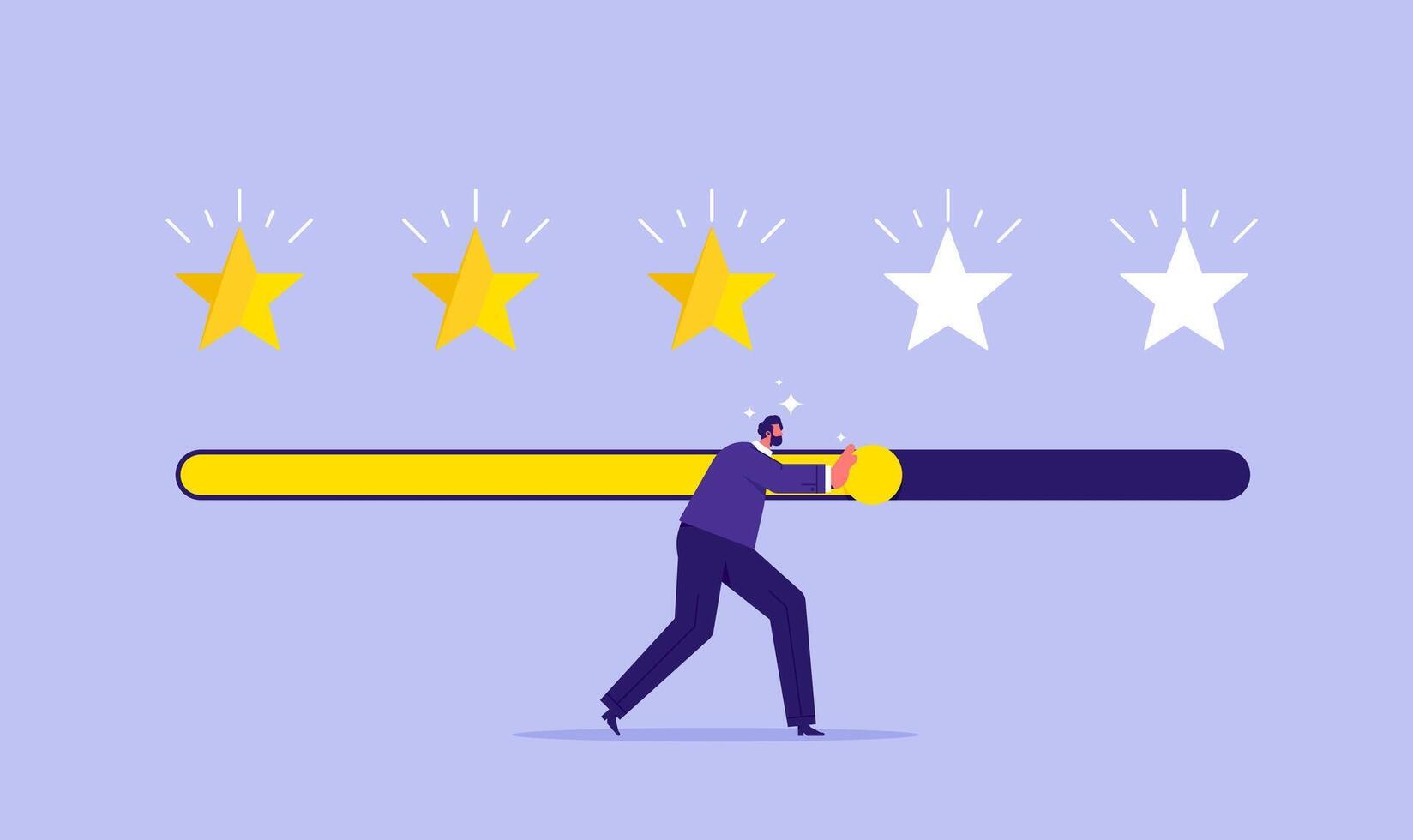 Businessman trying to push customer feedback bar to five stars, customer review survey concept concepts, positive user reviews vector