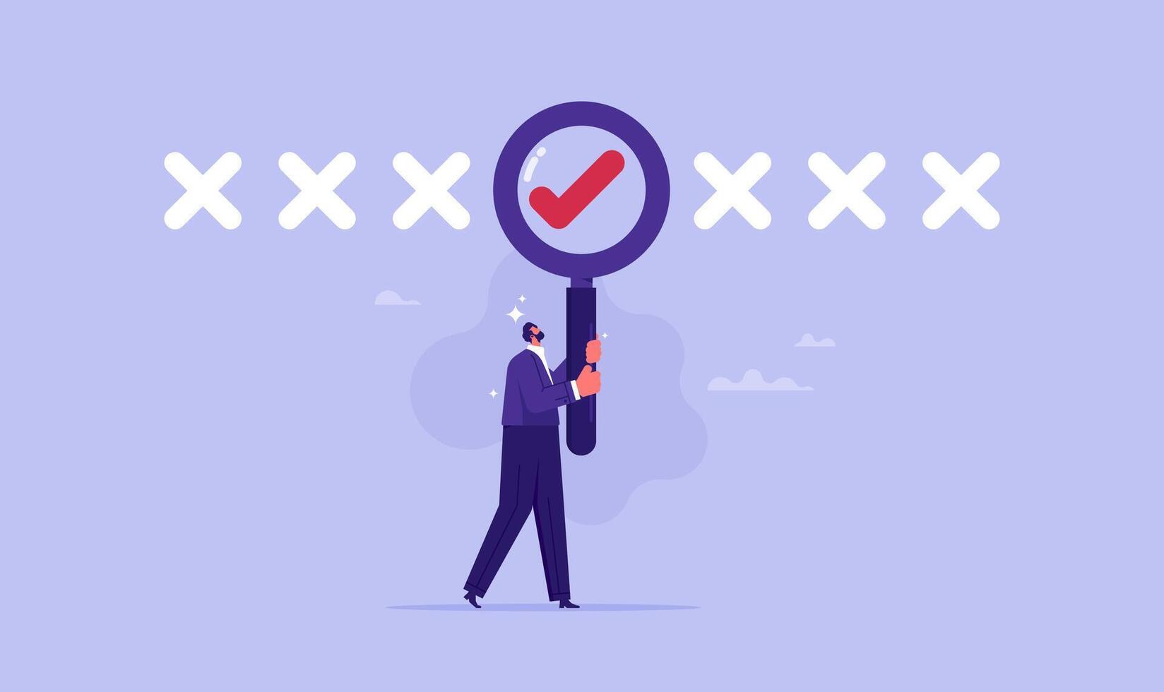 Businessman holds magnifying glass focusing on the checkmark or tick right symbol next to wrong cross icons, focusing on the right choice concept vector