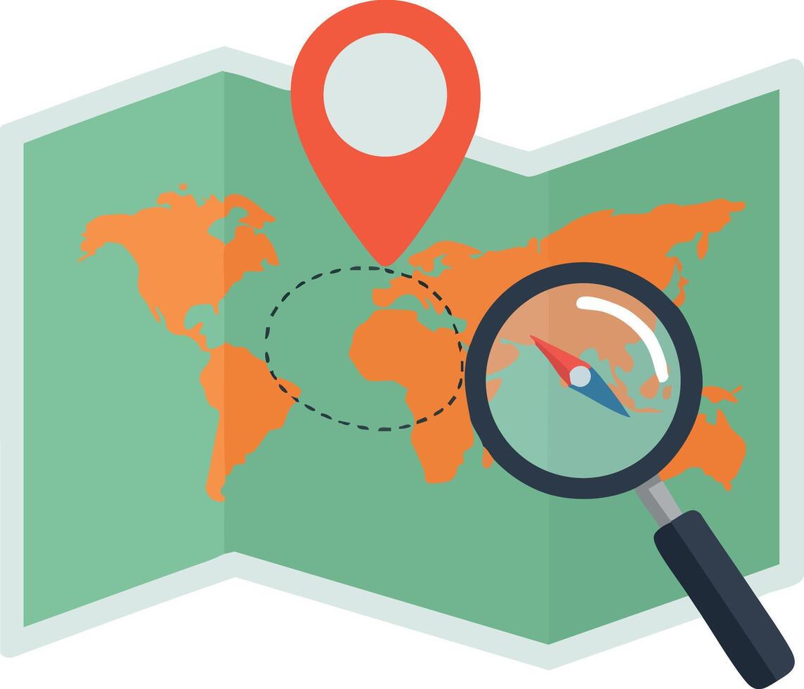 World map with location pin and magnifying glass exploring geography and navigation concepts in flat design vector