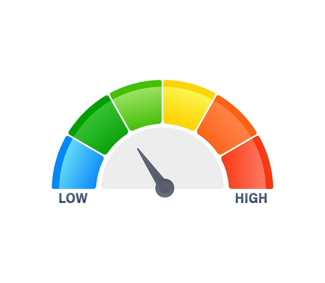 Speedometer pointing low value in colorful performance measurement scale vector