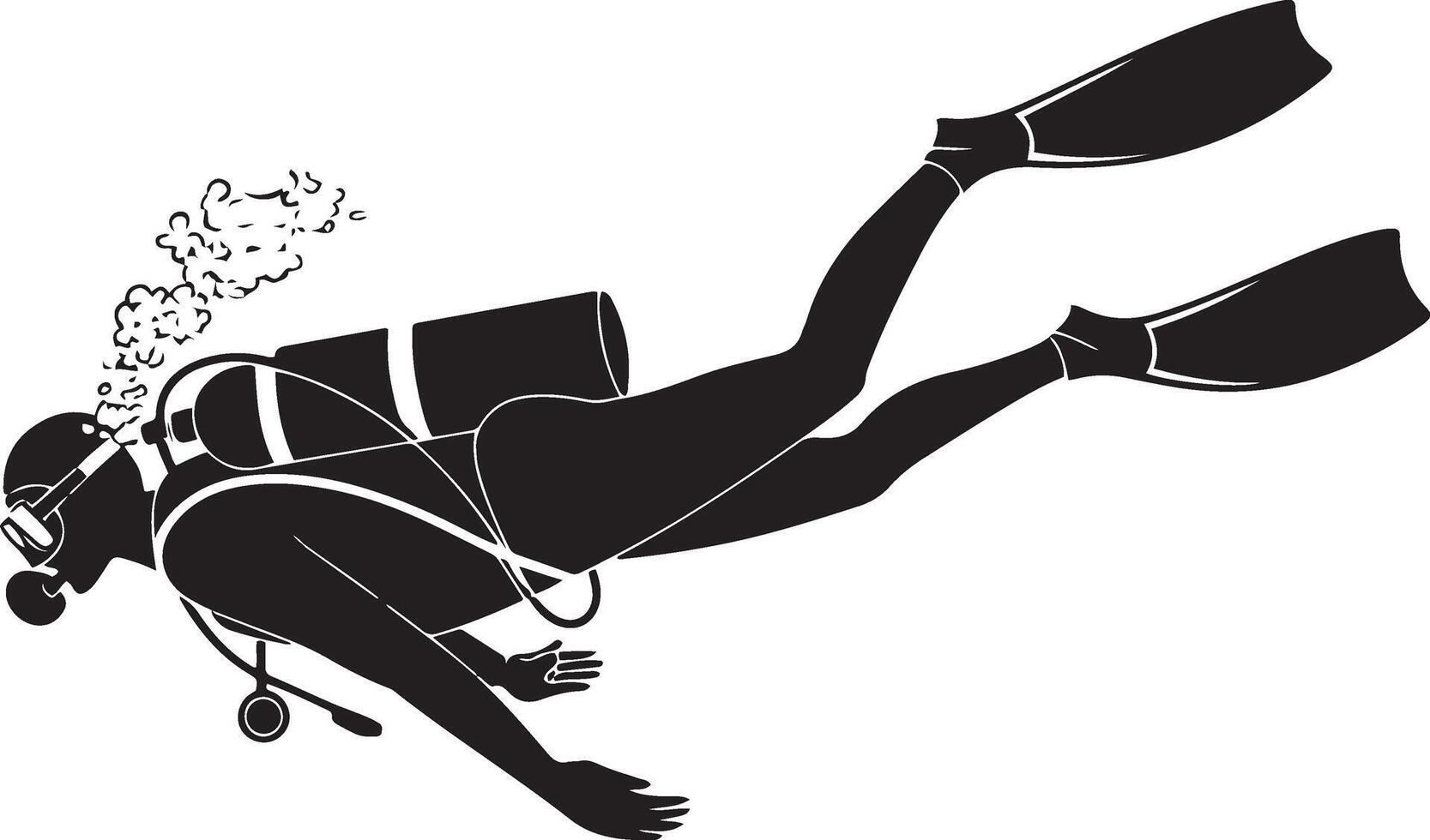 Silhouette of a Diver Underwater Exploring the Depths of the Ocean with Bubbles Ascending vector