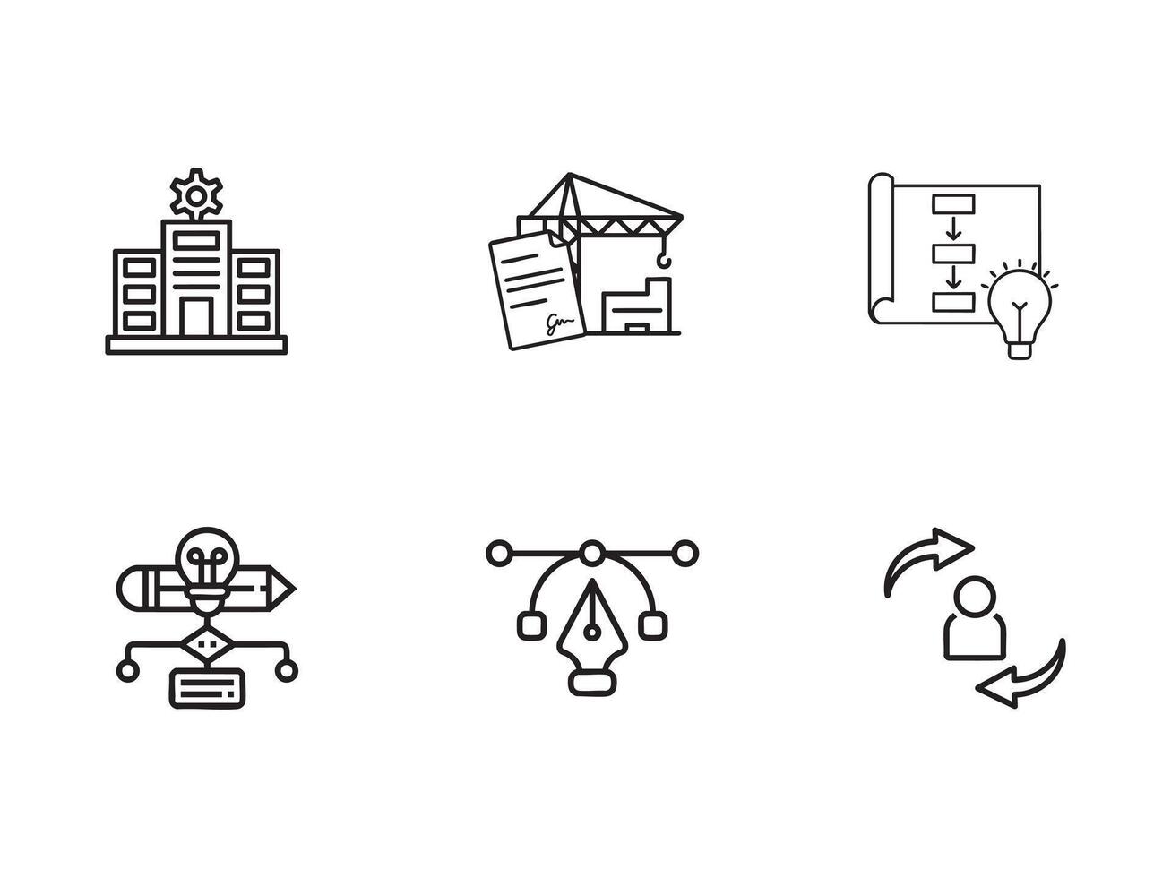 Creative Process and Development Stock Line Icons. Building, Planning, Innovation, and Partnership Vectors with white background