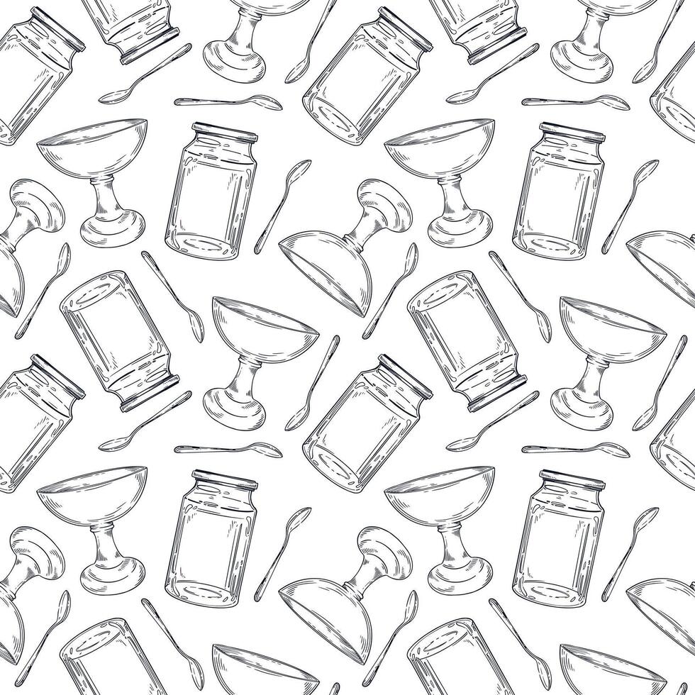 Seamless pattern of empty dishes, glass jar for preservation, jam vase, teaspoon. All objects are hand-drawn with ink. Suitable for printing on wrapping paper, fabric vector