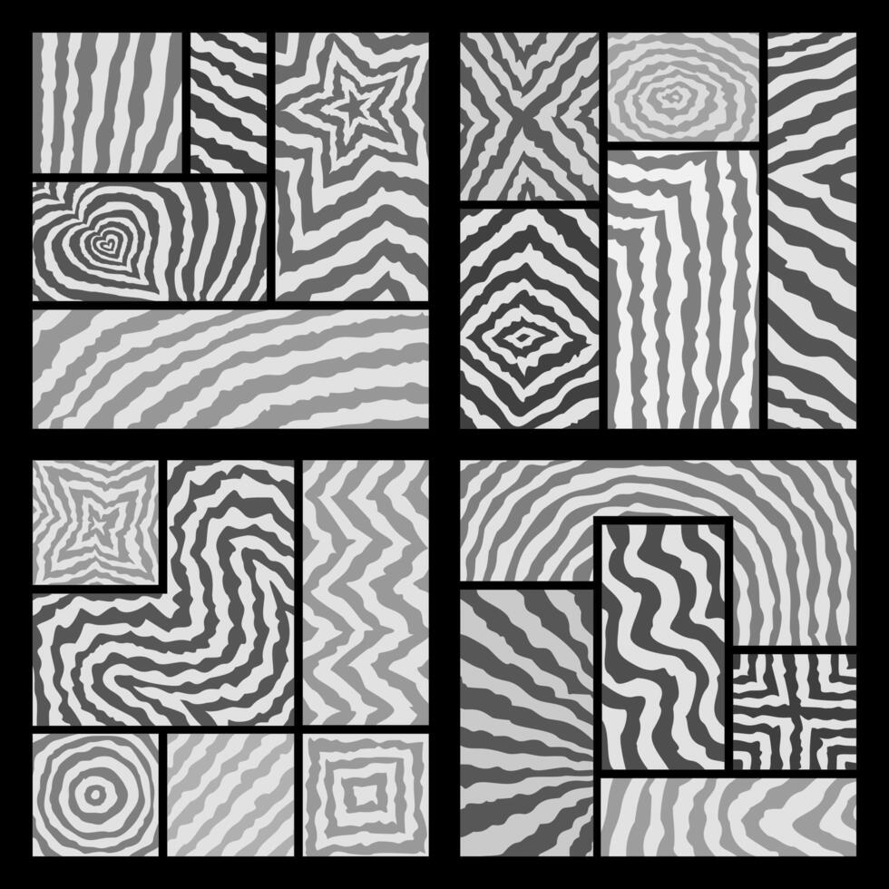 Set of abstract geometric tile patterns with hypnotic optical illusion effect. Modern textures in black, white and gray tones, perfect for wallpapers, textiles, wrapping, and digital design. vector