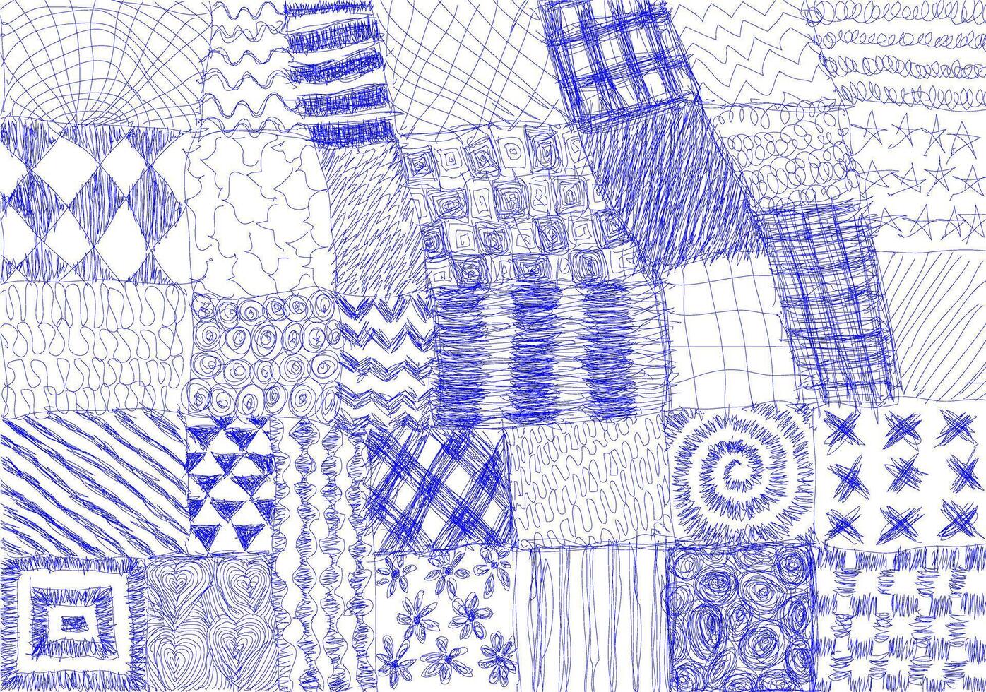 A set of patterns drawn by hand with a blue ballpoint pen. Suitable for backgrounds, textile design, packaging, web design, scrapbooking paper vector