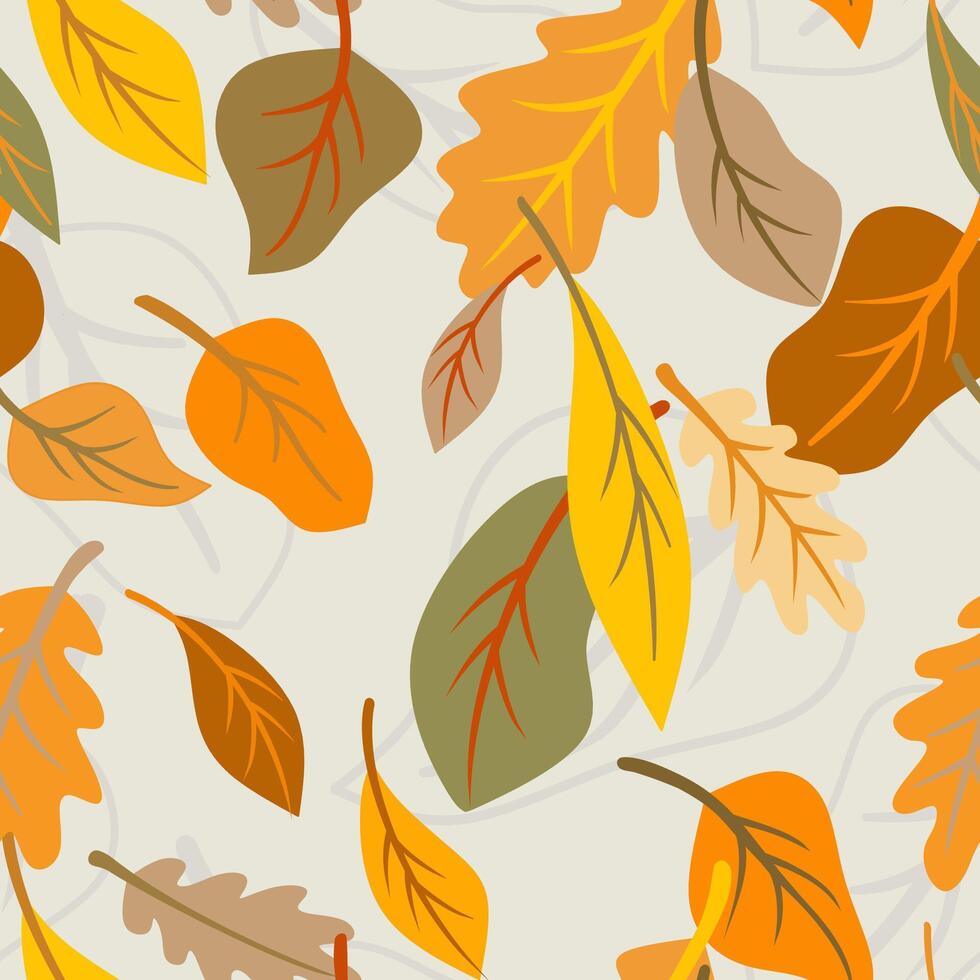 Autumnal ornament illustration. Randomly seamless pattern with bright multicolored fall leaves. Background with autumn elements for printing. Sunny boho home decor. vector