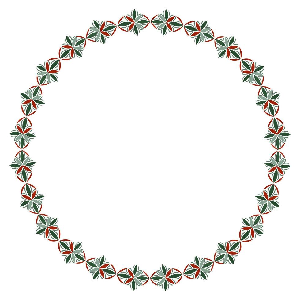 Ornamental geometric round frame. Fantasy round ornament of complex stars. Winter pattern in green red colors on white background vector