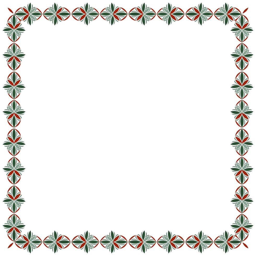 Ornamental geometric square frame. Fantasy ethnic ornament of complex stars. Winter pattern in green red colors on white background vector