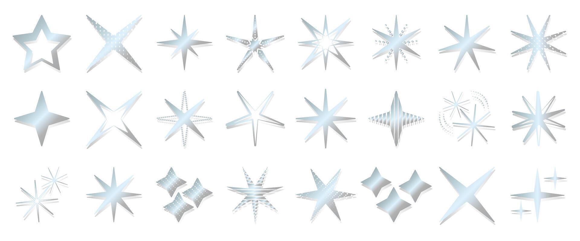 Futuristic y2k silver stars and sparkles icon set, different number of rays. Monochrome metal sparks sign collection. Retro aesthetic shining chrome and platinum flash symbols with shadow vector