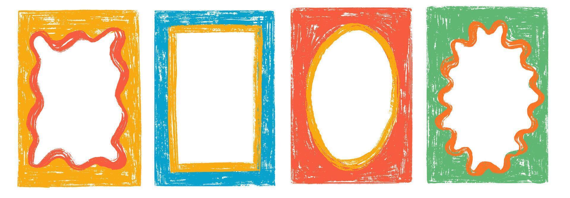 Rectangular and oval multicolor frame with scalloped edges. Set of drawing playful wavy elegant outline frame Crayon chalk elements. vector