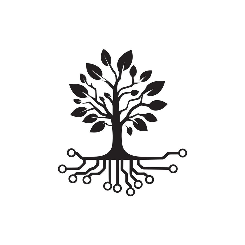 Digital Tree with Circuit Roots Conceptualizing Technology and Nature Integration vector