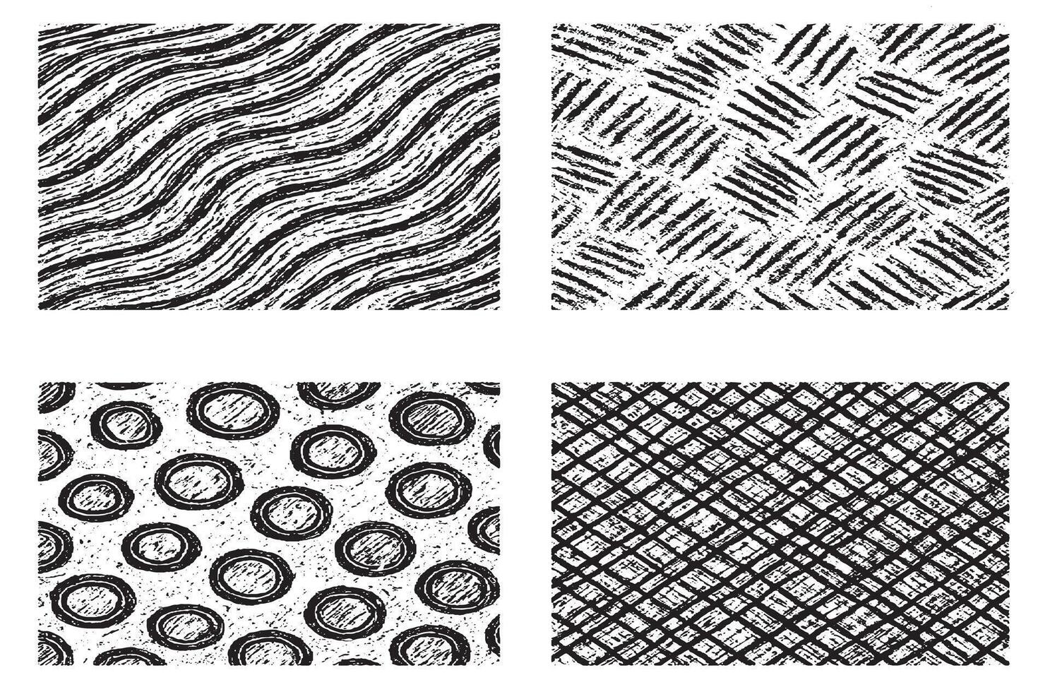 Collection of seamless hand drawn grunge textures with waves, lines, circles, and crosshatch designs. Perfect for fabric, wallpaper, wrapping paper, digital design, and modern abstract backdrops. vector