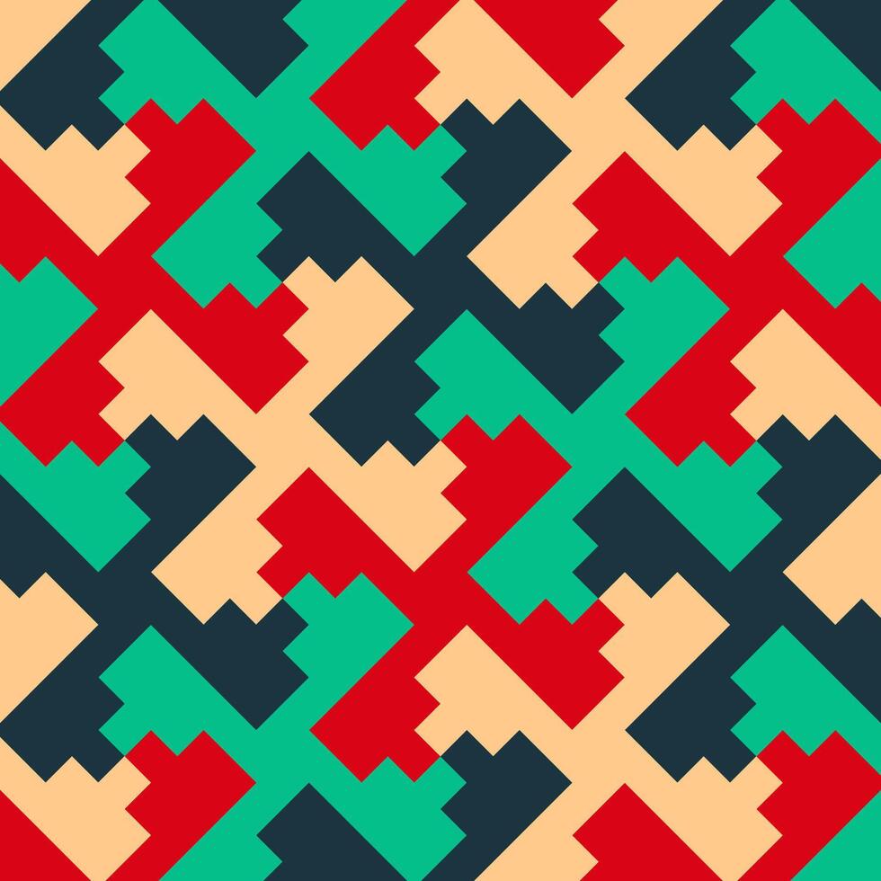 geometric pattern inspired by windmill blades. Pixel-style blocks in red, green, beige, and dark blue create a dynamic abstract design that looks like rotating turbines. vector