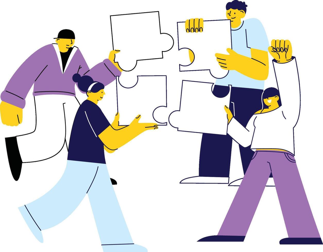 A vibrant flat illustration of characters collaborating to solve puzzles, symbolizing team problem solving. vector