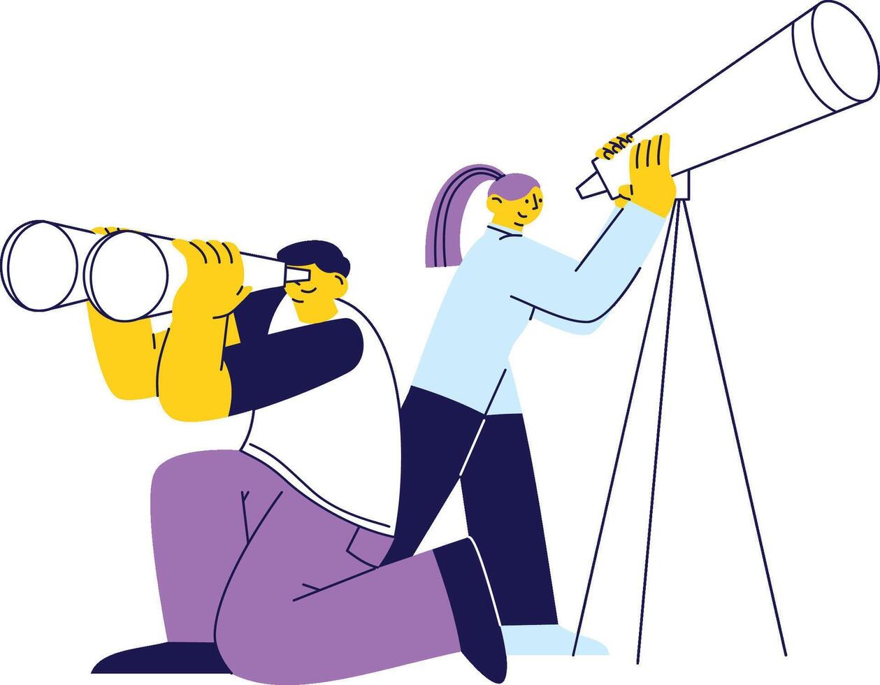 Characters using telescope tools to explore, discover, and focus on new opportunities. vector