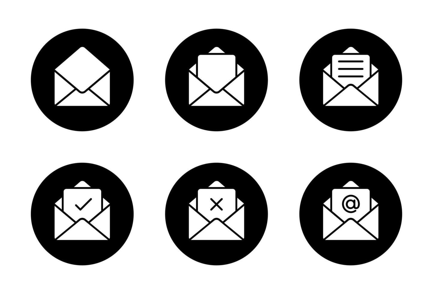 Open email envelope icon set. Message symbol with check, cross, text, and mention sign in black circle vector