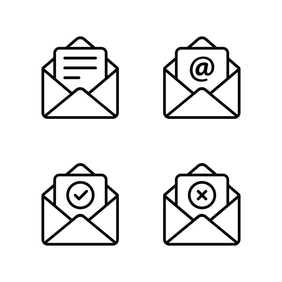 Email envelope icon collection. Document insert, mail symbol, verified, and failed message vector