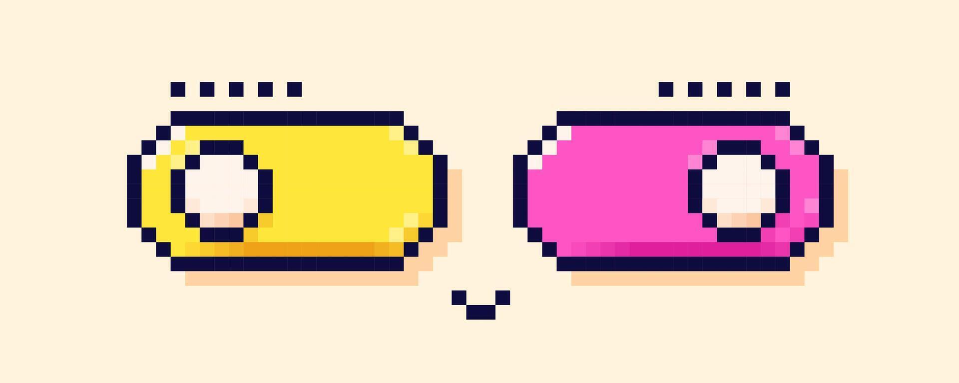 A funny cheerful face drawn from two pixel buttons with a switch. Y2k simple 8 bit bubbles. vector