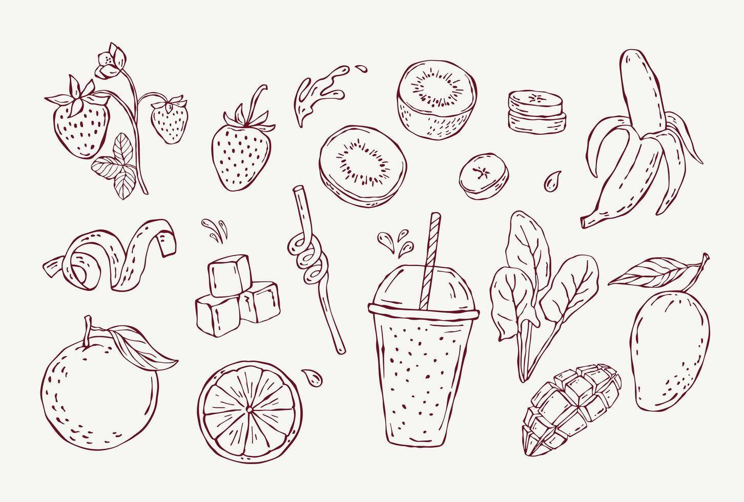 Set of illustrations hand drawn smoothie theme in outline doodle style. Includes banana, strawberry, kiwi, orange, mango, smoothie glass with straw, spinach, ice cubes and juice drops vector