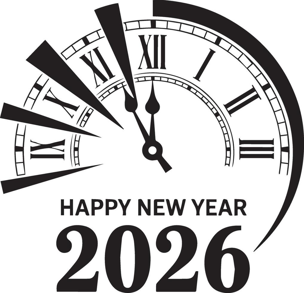 Happy New Year 2026 Countdown Clock with Roman Numerals and Festive Text vector