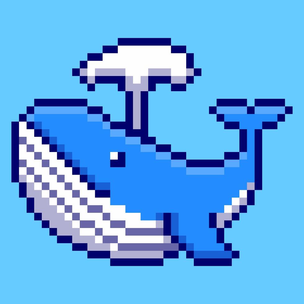 An adorable and cheerful pixel art whale character, happily spouting water from its blowhole in a classic 8-bit game style. Perfect for ocean-themed project vector