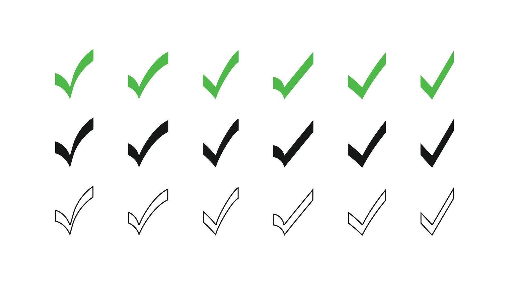 A versatile icon set of hand-drawn check marks in three styles. Perfect for checklists, UI design, and approval symbols vector