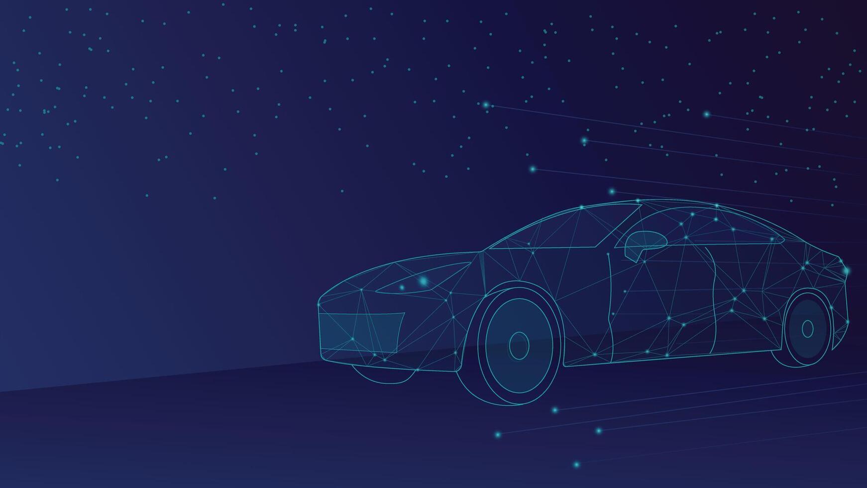 Modern abstract background showing a futuristic electric car made of glowing polygon lines and dots, symbolizing innovation, clean energy, and advanced smart technology design vector
