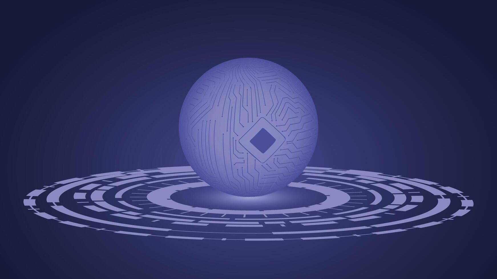 Modern digital background featuring a glowing sphere with circuit patterns and abstract tech rings, ideal for futuristic, AI, and innovation themed projects vector