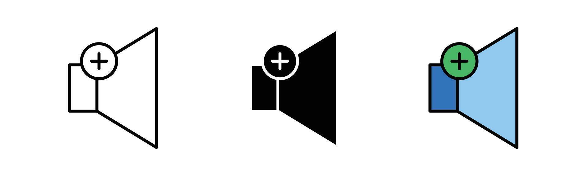 Volume up icon in outline, solid, and color filled styles with black stroke. isolated on white background. vector