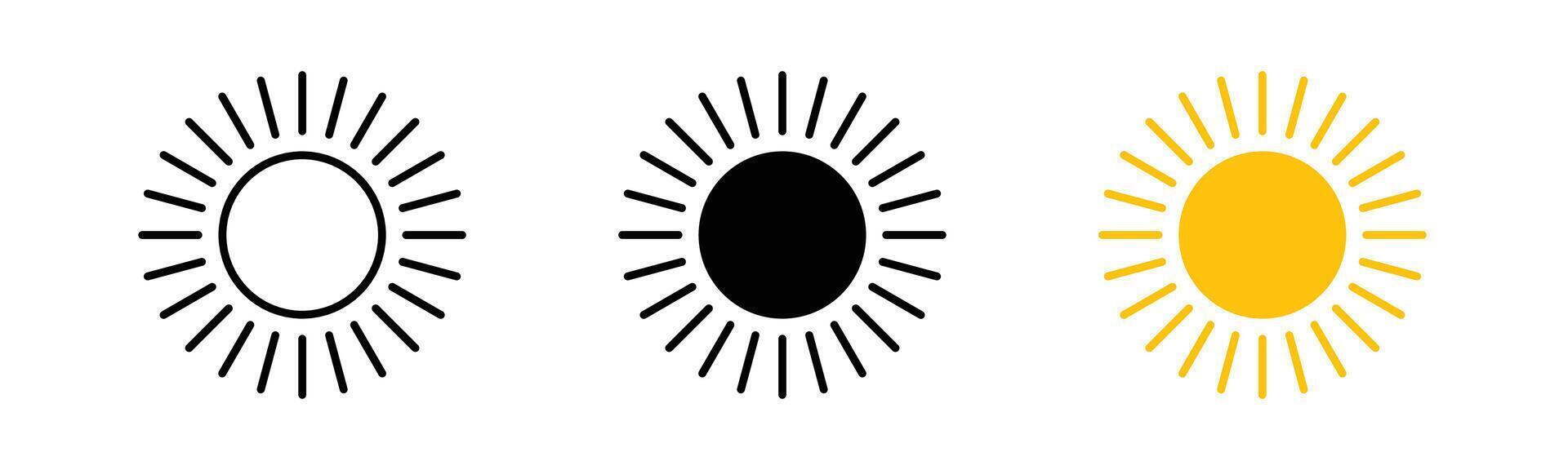 Sun icon in outline, solid, and color filled styles. Bright sunshine design in flat style, isolated on white background. vector