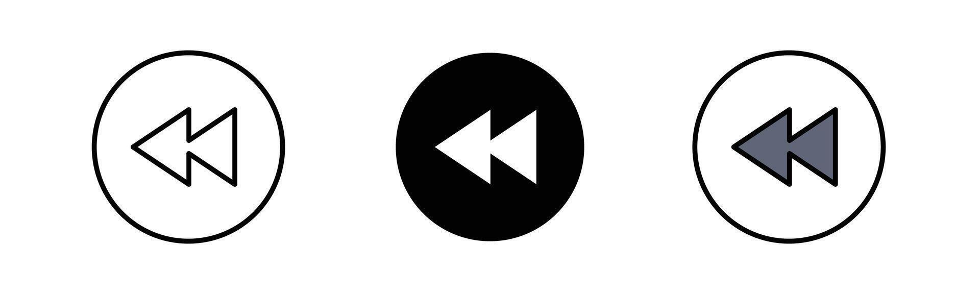 Rewind icon in outline, solid, and color filled styles with black stroke. Double backward arrow design in flat style, isolated on white background. vector