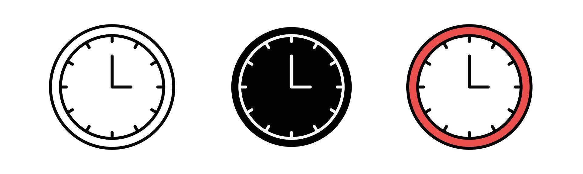 Clock icon in outline, solid, and color filled styles with black stroke. Round wall clock design in flat style, isolated on white background. vector