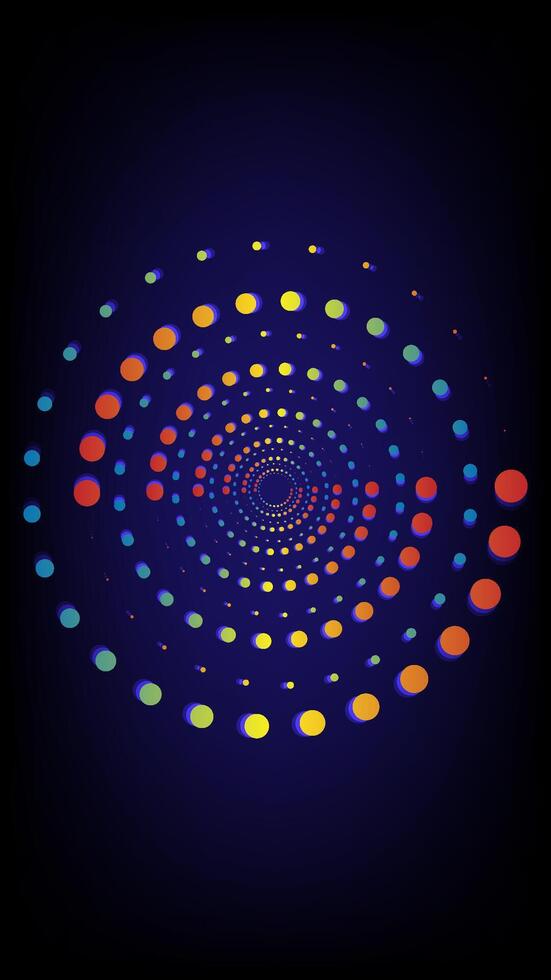 Vivid gradient dots forming a hypnotic spiral pattern on a dark background, modern abstract design vector