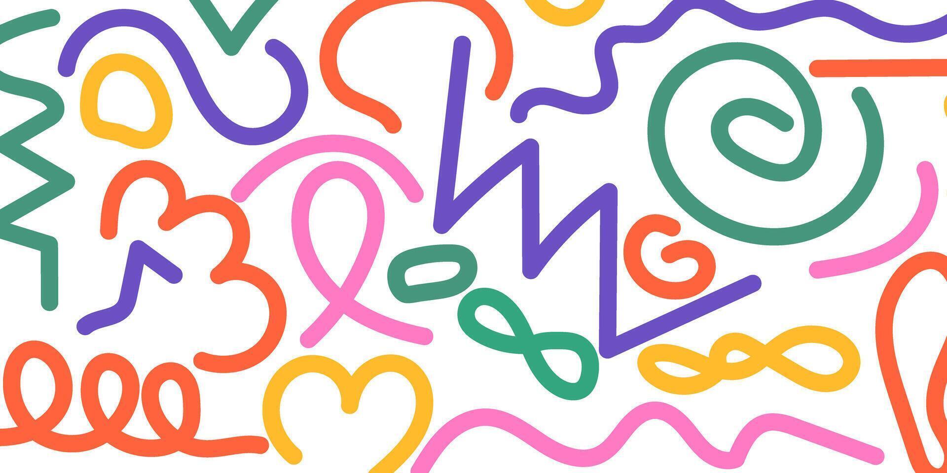 Colorful abstract doodle pattern with playful hand-drawn lines and shapes on white background. vector