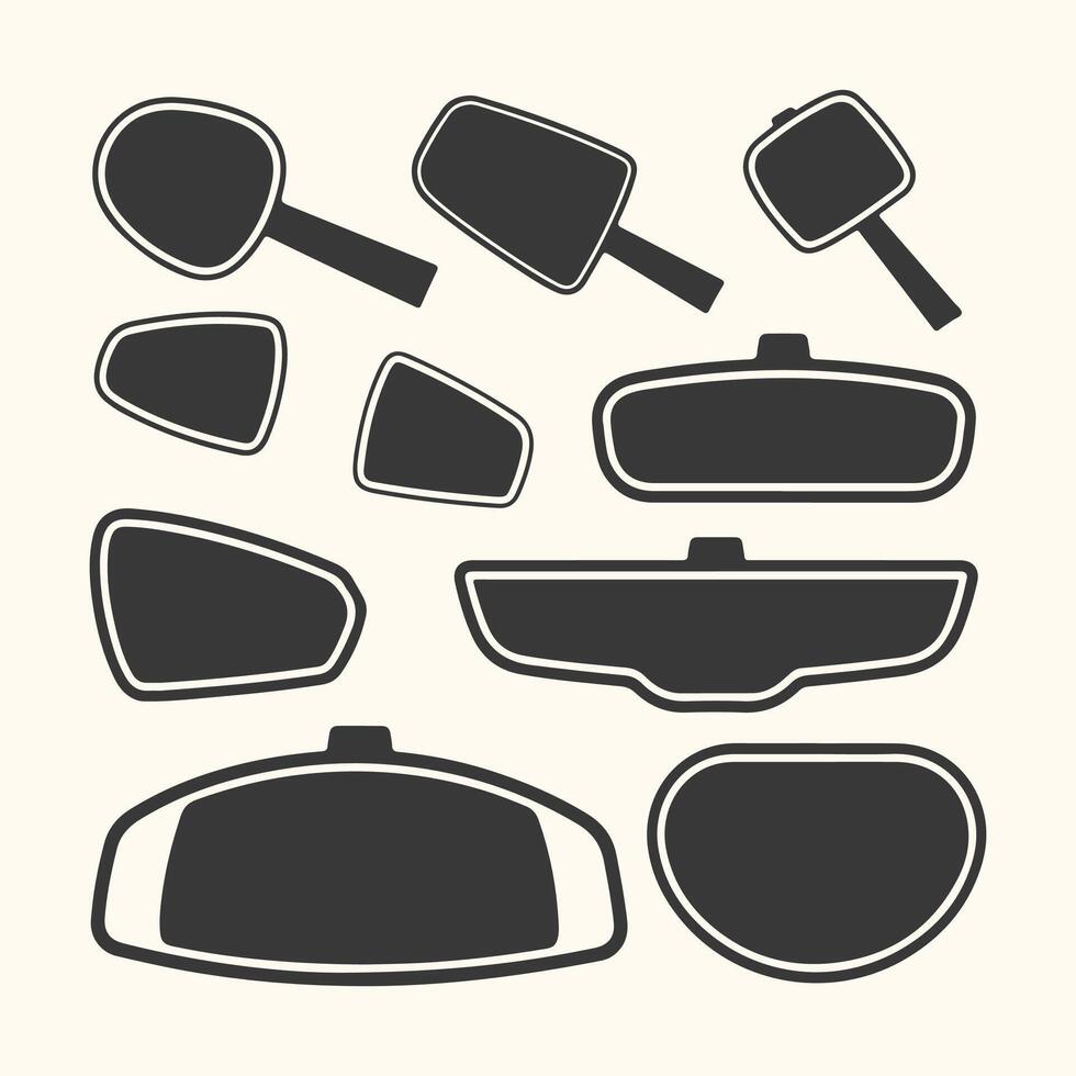 Art of collection of various car side view and interior rearview mirrors, isolated on a light background, representing automotive components and design elements vector