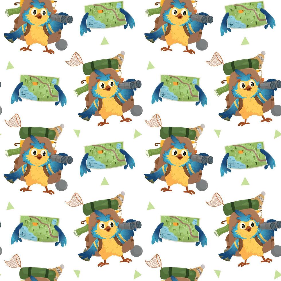 A pattern with a yellow and blue bird and a map. Traveling bird vector