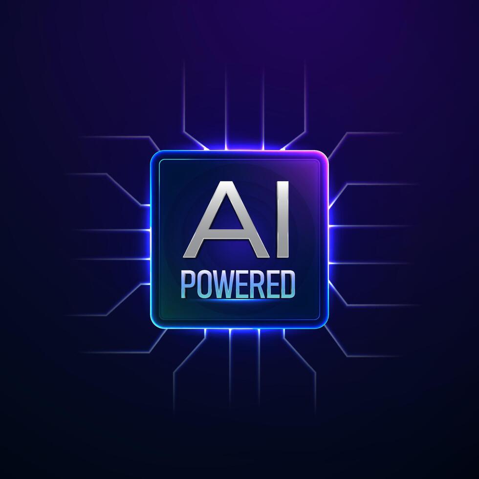 AI Powered processor emblem on a futuristic microchip vector