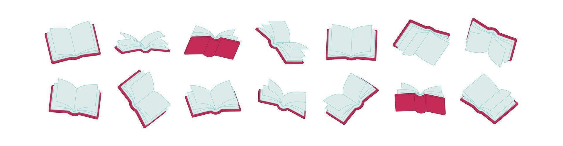 Flat 3D illustration of open books with burgundy cover and outline stroke. Isometric textbooks for education, study, reading, library and learning design vector