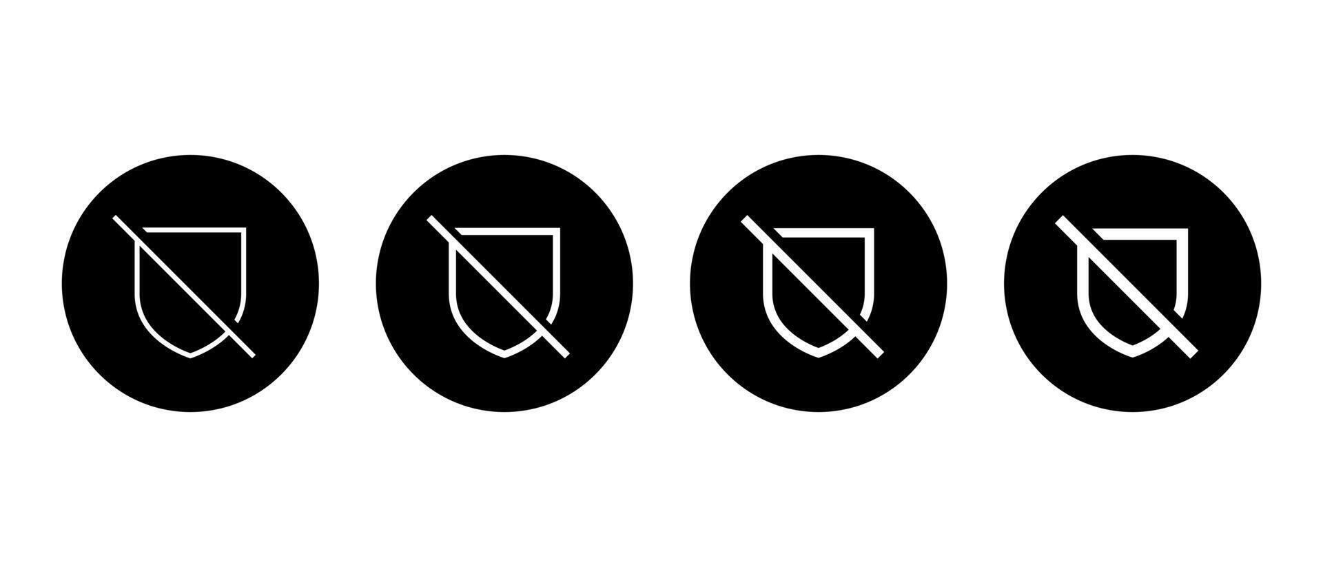 Shield with slash line icon in black circle. No protection symbol. Unsecure sign vector