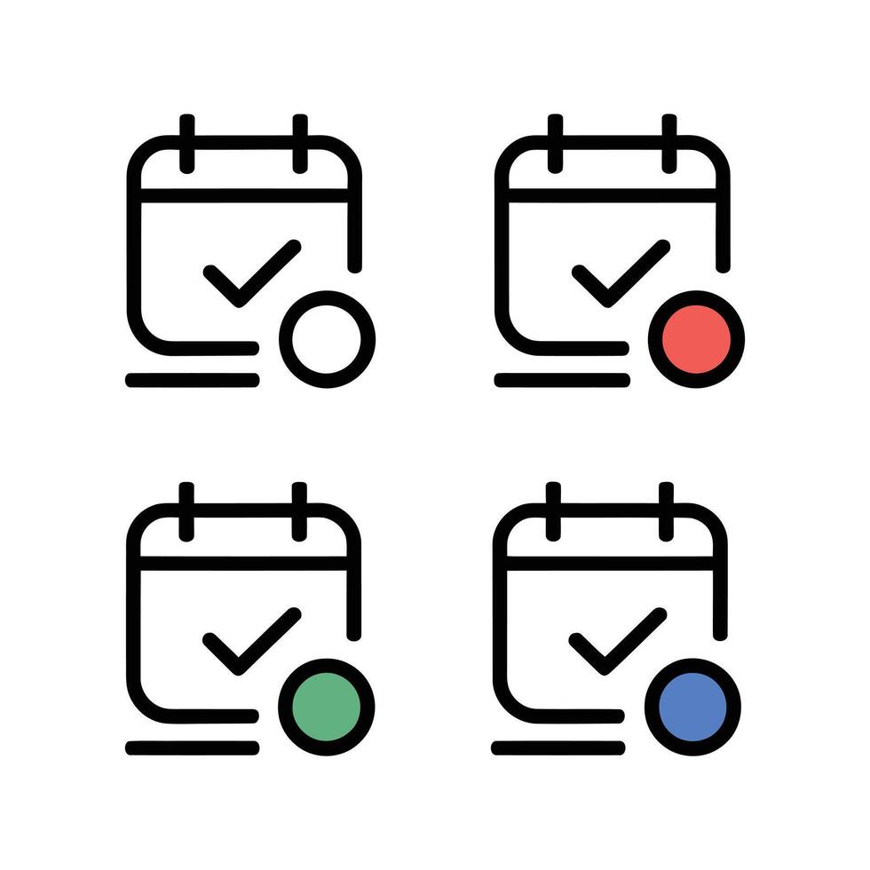 Color Calendar Icon Set, Schedule and Event Planner Icons with Check Mark in Red, Green, Blue, and Outline Styles vector