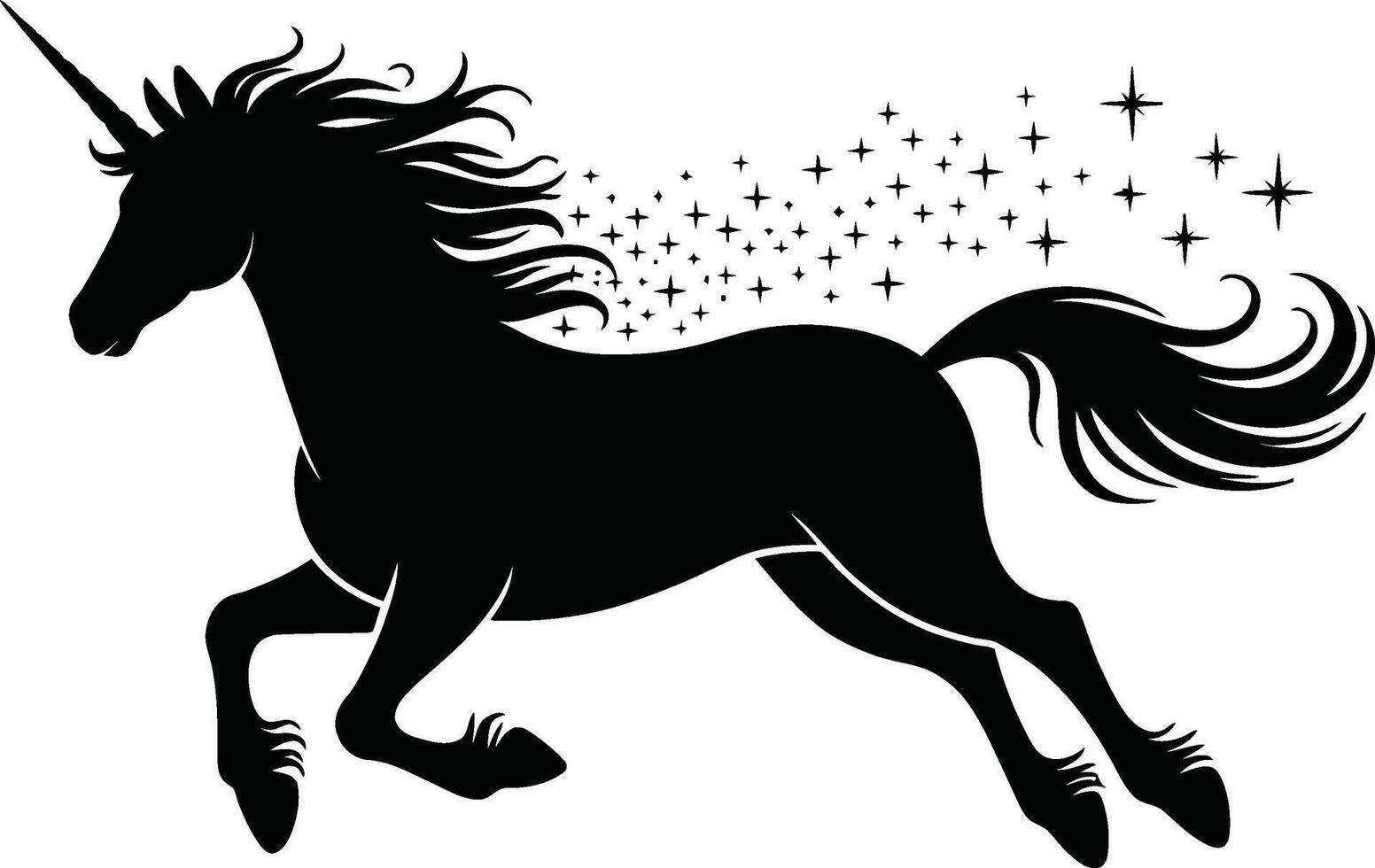 A black unicorn silhouette illustration galloping. Isolated on transparent backdrop. Dynamic mythical creature design element. Perfect for creative projects and designs. vector