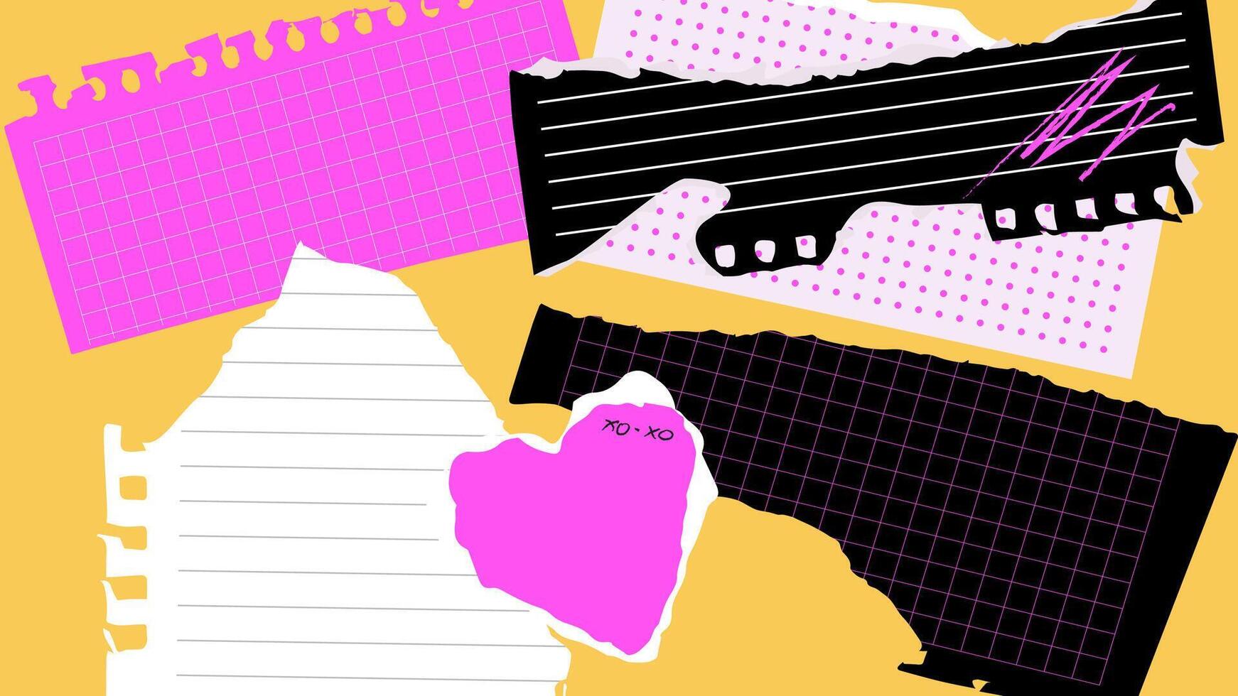 vibrant pop punk Horizontal background made of textured torn scraps of paper. bright torn scraps of paper scattered in the background, collage vector