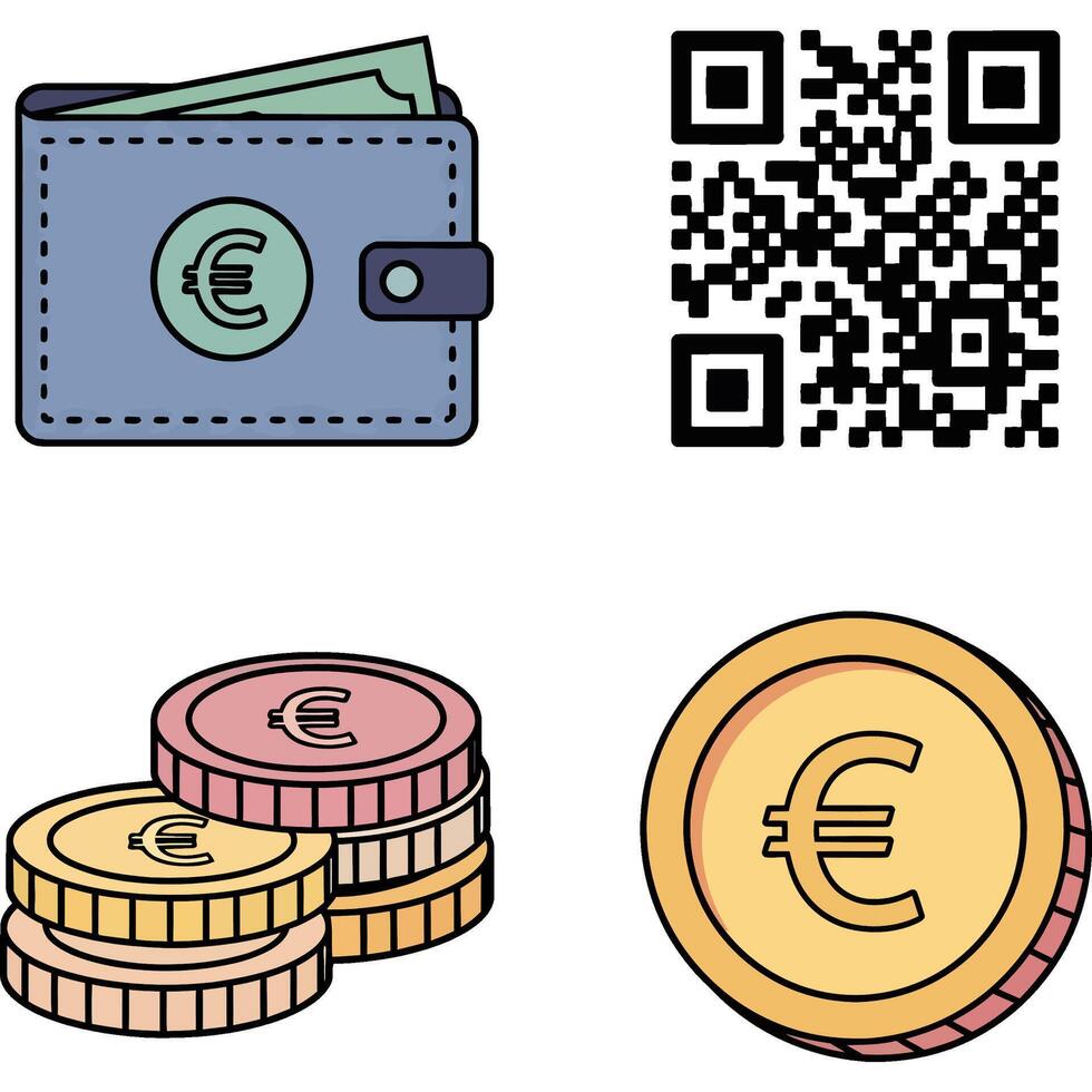 Comprehensive financial transaction icons featuring a classic wallet with euro banknotes and currency, alongside a modern QR code for digital payment solutions and diverse economic concepts vector
