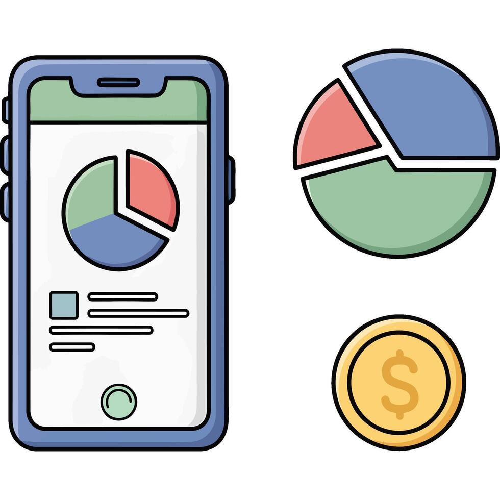 Digital financial planning and analysis on mobile devices, with charts and coins for economic growth vector