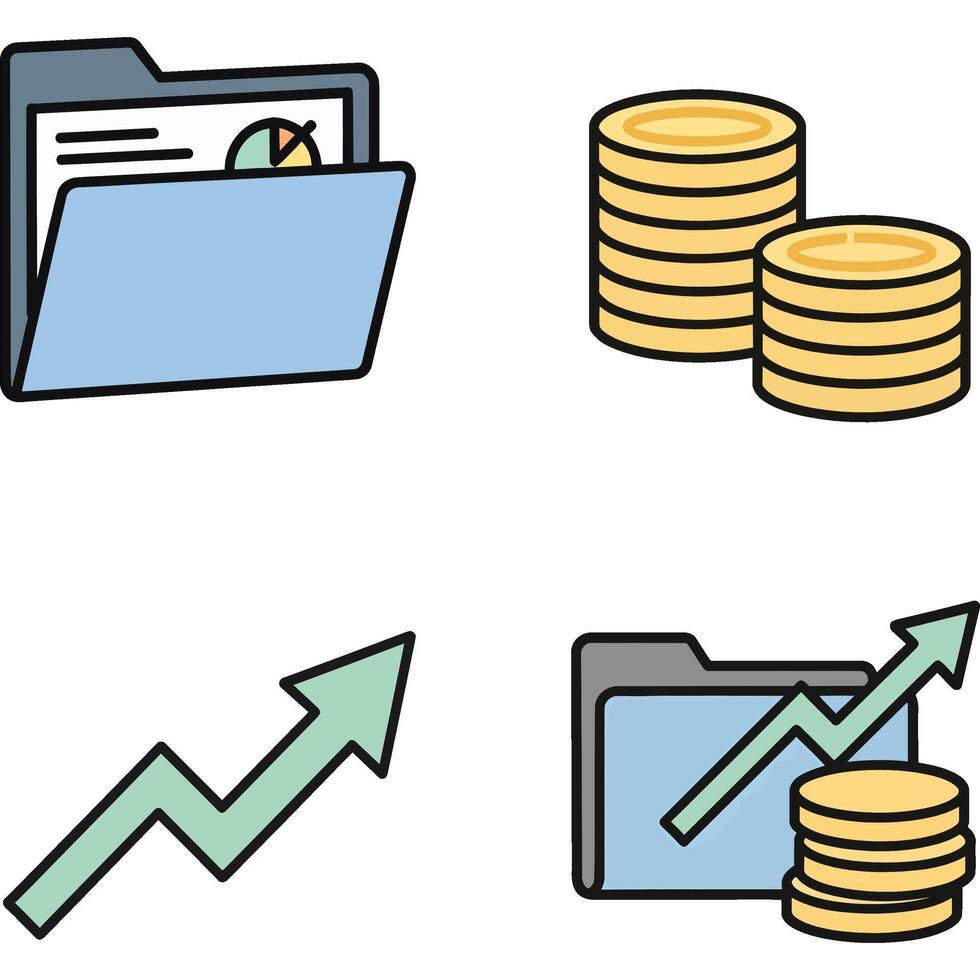 Financial Icons Folder with Chart, Stack of Coins, Upward Arrow, and Folder with Growth Chart and Coins vector