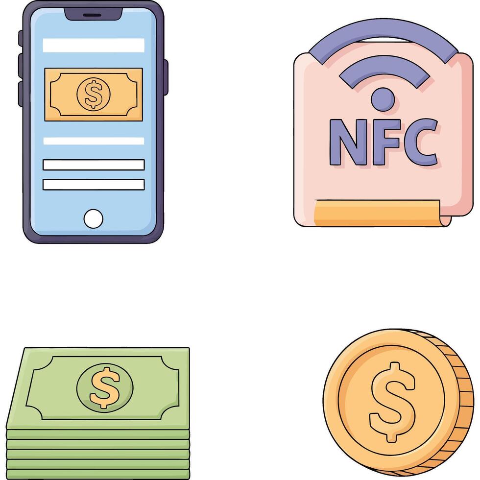 Digital Payment Methods Mobile Wallet, NFC, Cash, and Coin vector