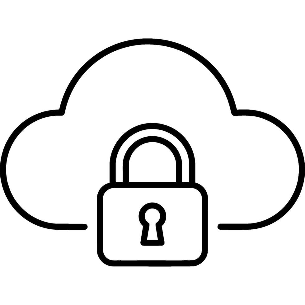 Minimalist line icon of a secure cloud computing symbol, with a padlock representing data encryption and network safety vector