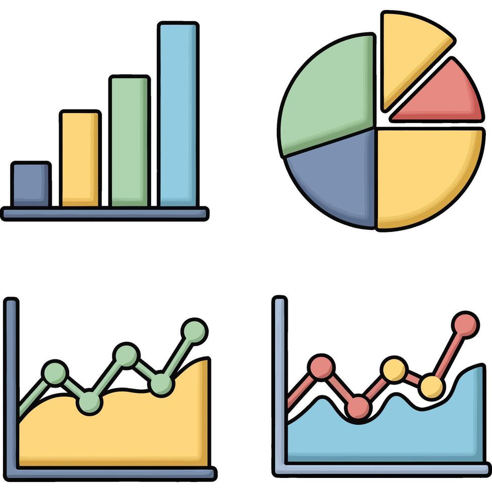 A modern icon set for data analysis, featuring financial charts, statistical graphs, and progress diagrams isolated on a white background vector